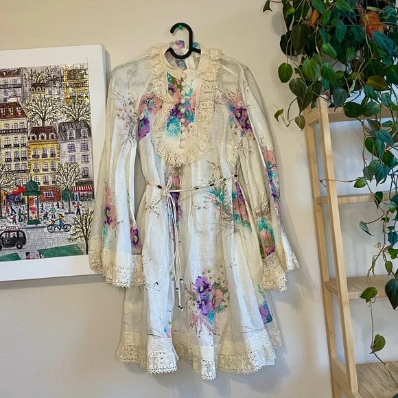 Zimmermann Jude Lace Trim Swing Dress in Bright Floral 0P - Picture 2 of 9